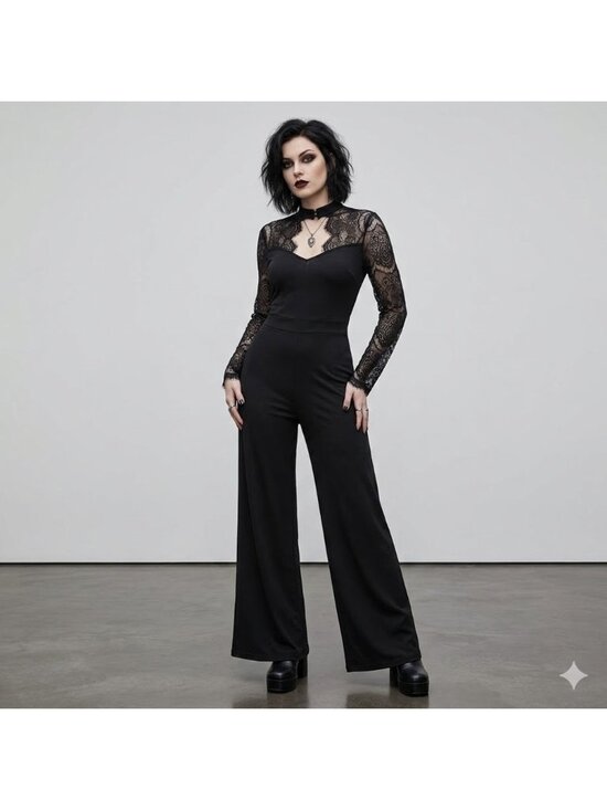 Rosegal Pants - Rosegal Jumpsuit NWT Plus Size 2XL Black Eyelash Lace LS Wide Leg Evening Party